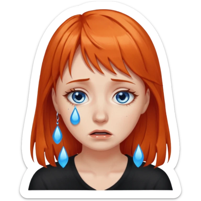 A woman with dark orange hair and bangs, blue eyes, an asmr streamer, crying, sticker