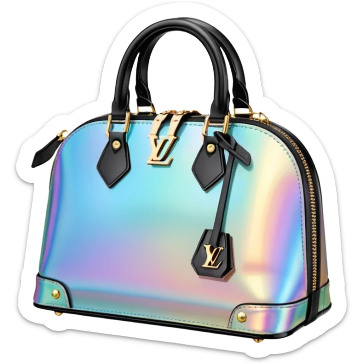 Isolated, rendering, detailed Louis Vuitton bag in futuristic iridescent holographic hues sticker