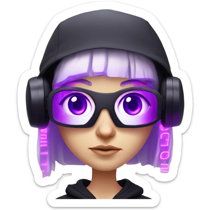 Russian cute blond student girl wearing black hoody with violet letters "OMG", in vr headset. No eyes. Cyberpunk style. Violet neon. sticker