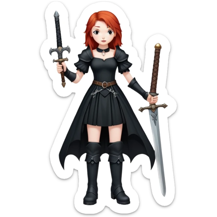 redhead goth girl in beautiful dress, large boots, holding medieval sword sticker