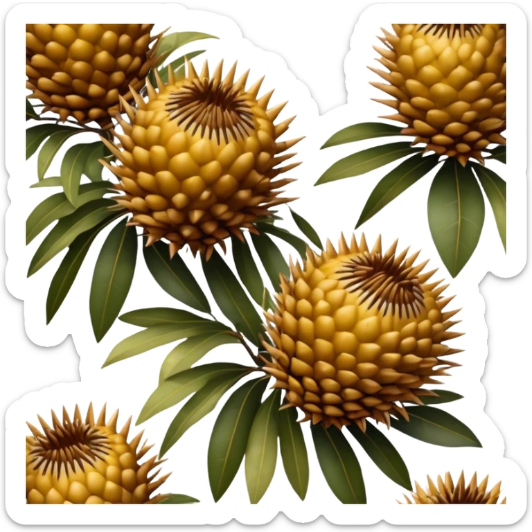 Cinematic Realistic Banksia Emoji, Bold and striking, with spiky, cylindrical flower heads covered in rich golden hues. The leaves are thick and leathery, adding a sense of strength to this unique and iconic tree. Soft glowing outline, capturing the essence of Australian ruggedness and floral beauty in a distinctive banksia tree! sticker