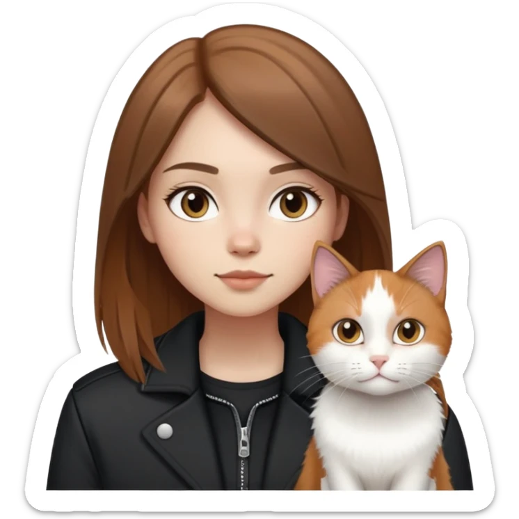 Light-skinned girl with brown straight hair wearing a black jacket, along with one pure white cat and one calico cat sticker