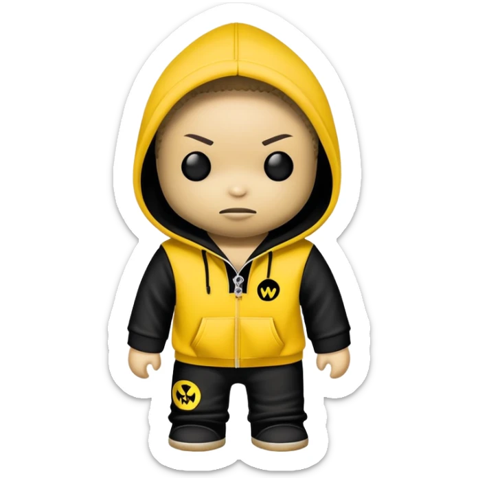 voodoo doll wearing wu-tang clan yellow and black hoodie with W logo sticker