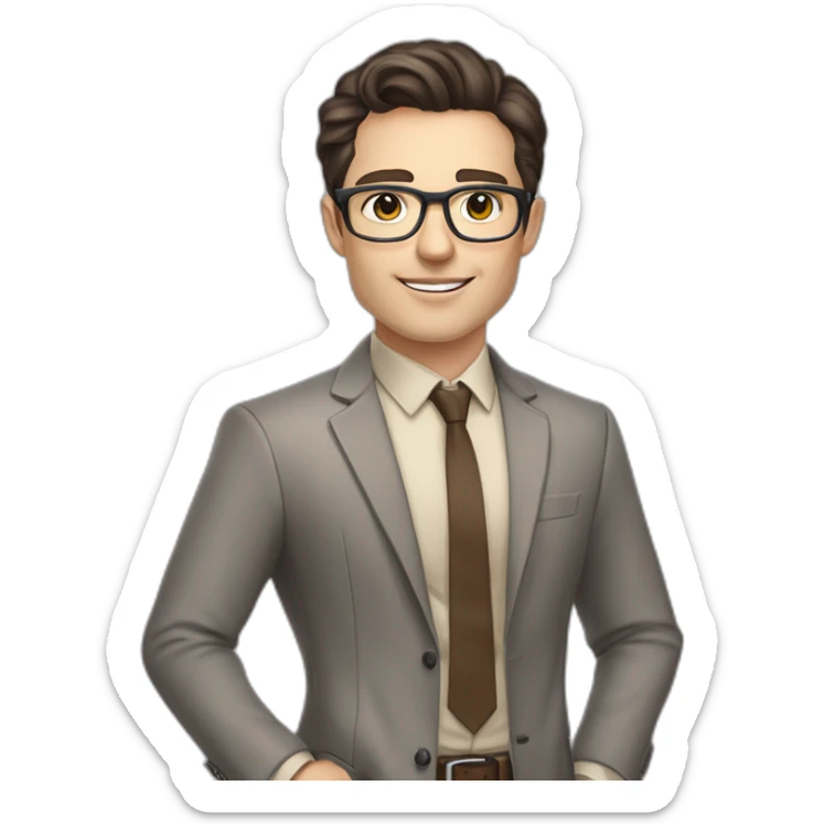 Pale skinned fit man with dark brown hair in gray jacket, beige office shirt, brown tie, brown pants and vintage glasses Writing on the flipchart sticker