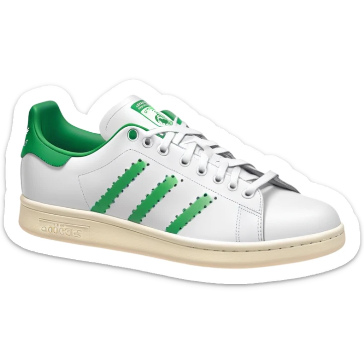 Classic white Adidas Stan Smith sneakers with green heel tab and Adidas logo, three perforated stripes on sides sticker
