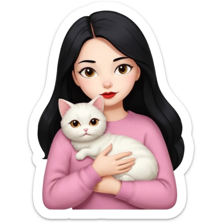 Beautiful Girl Long Hair black, Brows Big , Skin White, Sweater Pale Pink , Big Red Lips, Eyes coffe, Hug Little baby Persa Cream Cat With Cute Eyes sticker