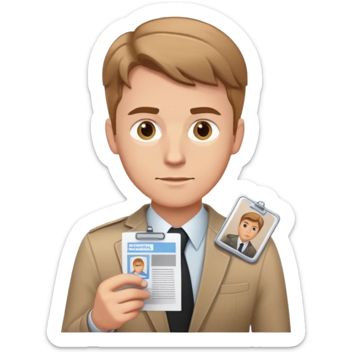white man reporter with light brown hair, reviewing printed photos, press badge visible sticker