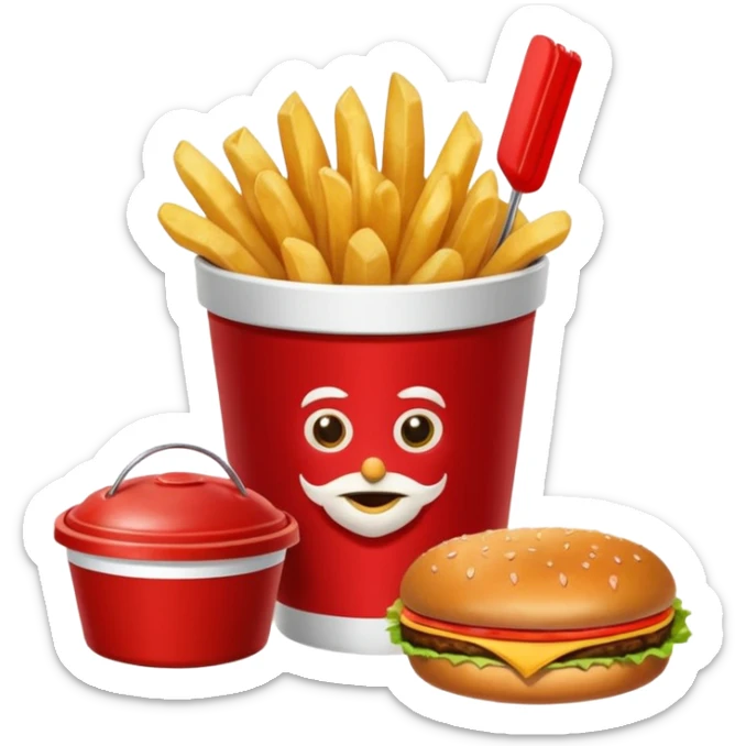 Plateau rouge avec dessus une bucket de poulet KFC , des frite dans un pot, un burgers et un coca sticker