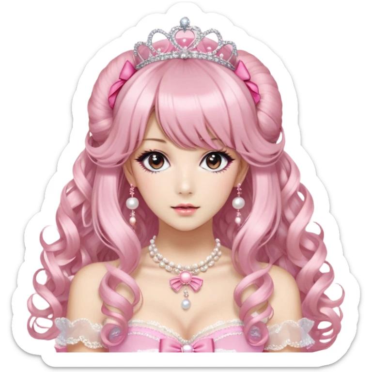 Cabello: Luce un peinado voluminoso con rizos grandes y definidos, muy característico del himegyaru. Lleva un flequillo recto y un tocado llamativo en el cabello: una tiara de brillantes y un lazo rosa con encaje y perlas colgantes, que refuerzan la estética de princesa.
	•	Maquillaje: Aunque no se ve del todo, sus ojos destacan con un estilo de maquillaje que agranda la mirada, probablemente con pestañas postizas y lentes de contacto de efecto dolly. Sus uñas están decoradas al estilo deco nails, con accesorios 3D como moños y brillantes.
	•	Ropa: Viste en tonos rosados y texturas suaves, con un vestido de encaje rosa claro y un lazo grande al centro. Encima lleva una chaqueta tipo peluche que añade ternura y contraste de texturas. El broche de My Melody en su pecho es típico del uso de peluches y accesorios cute dentro del himegyaru, donde los personajes de Sanrio son muy comunes. sticker