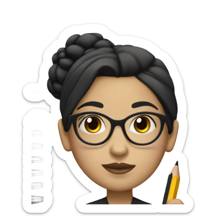 A woman with Black hair with a bun in the top of her head, she has glasses, she is writing a note on her notebook, we can see her pencil, she has white skin sticker