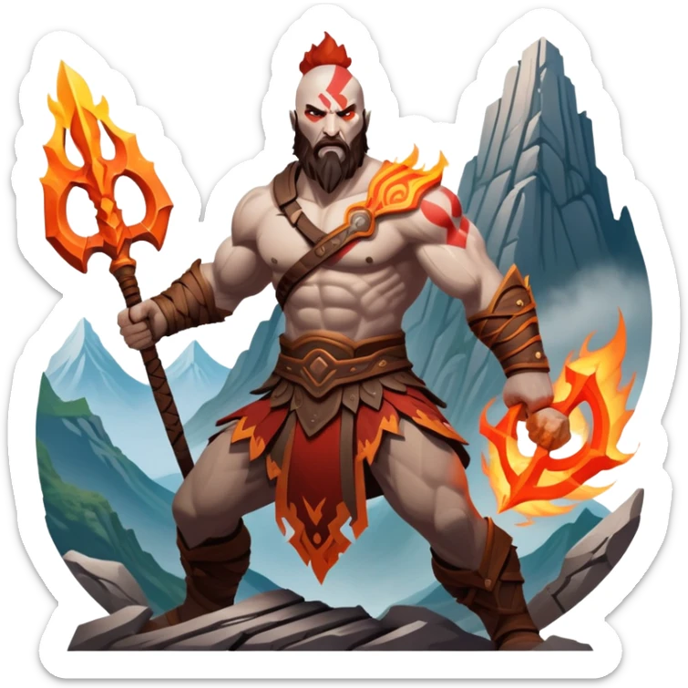 An icon showing a powerful warrior wielding a weapon, inspired by God of War: Ragnarok. The design captures the character’s strength, with dynamic motion lines. A fiery, mythological background with mountains and ruins enhances the epic atmosphere. Transparent background. sticker