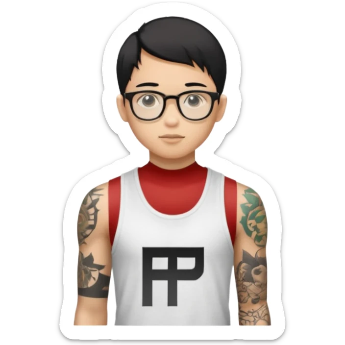A young boy with A macbook laptop, black straight short hair, wearing glasses, wearing a tanktop, has tattoos, he is asian

Add the letters "P I F" floating around sticker
