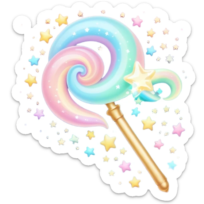 Cinematic cute magical wand, pastel swirls of color, tiny twinkling stars floating around, glowing softly, chubby rounded edges, whimsical and dreamy. sticker