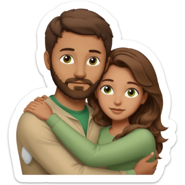 a man with short brown hair and brown beard with brown eyes and a girl with long brown wavy hair with green eyes, togheter. Beige clothes, hugged each other sticker