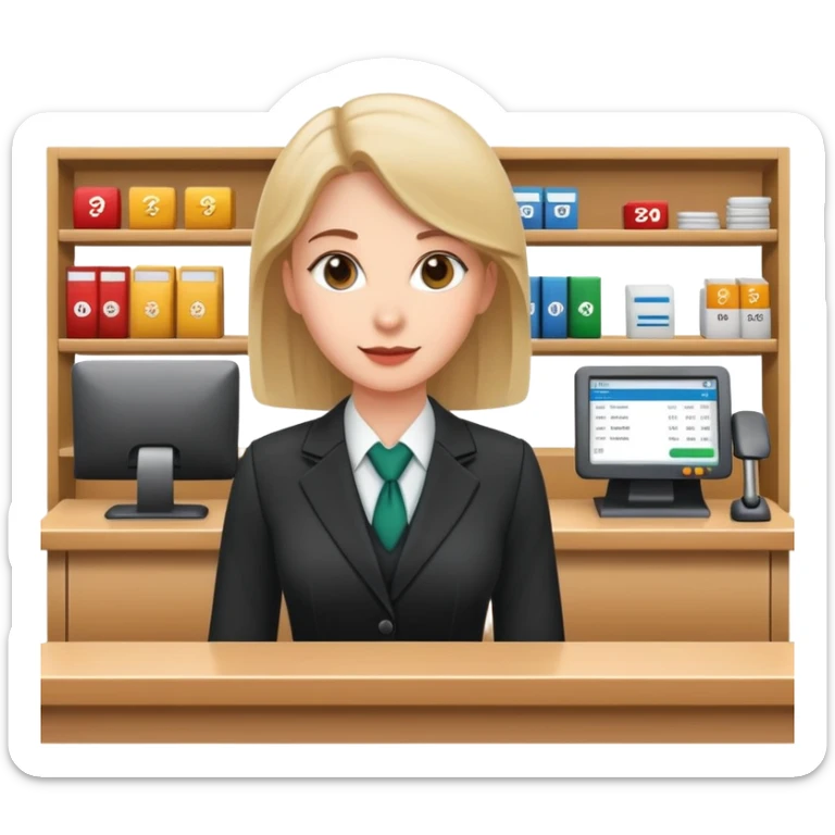Professional female bank clerk in formal business attire behind a counter sticker