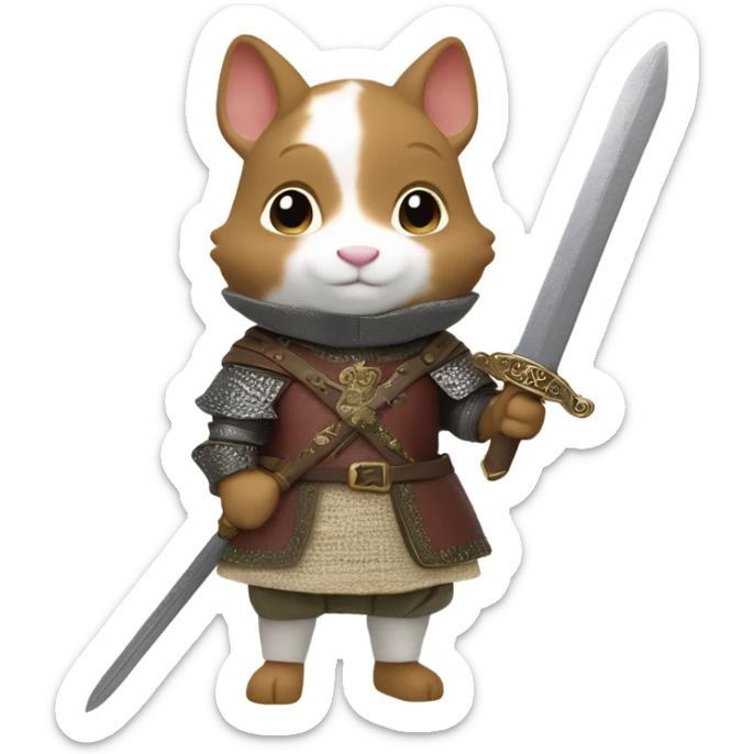 A calico critter/sylvanian families figure dressed in medieval attire with a sword sticker