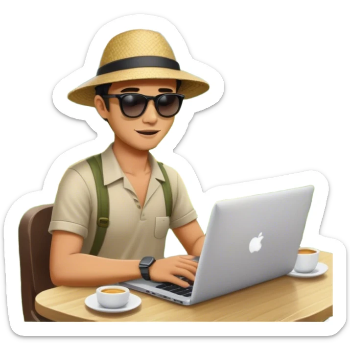 A digital nomad sits at a café in Bali, working on a laptop surrounded by lush green rice terraces and swaying palm trees sticker