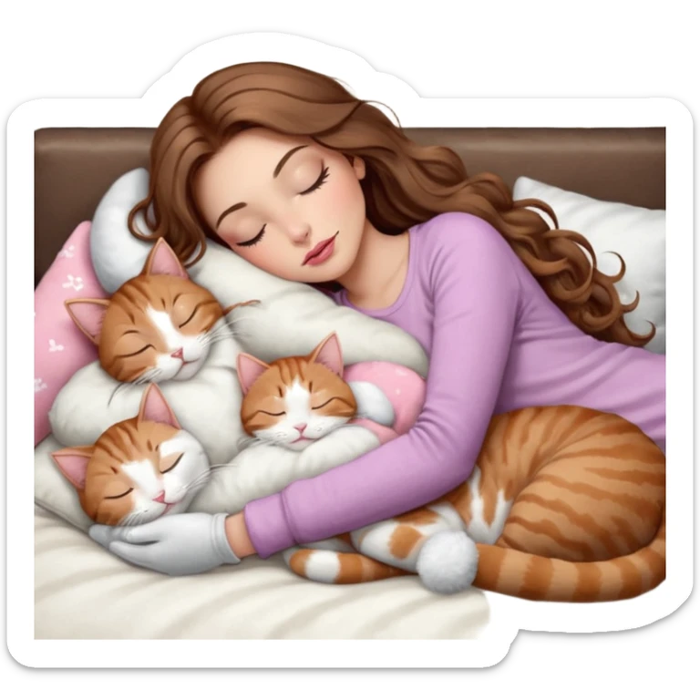 girl with long wavy brown hair, brown eyes, long lashes makeup, sexy pink lips, light to medium complexion,  sleeping on a cozy pillow, with 6 cats: 1 brown and white tabby cat, 1 ginger and white, 2 grey and white, 1 grey with white mittens and small white patch on chest and 1 calico, sleeping sticker