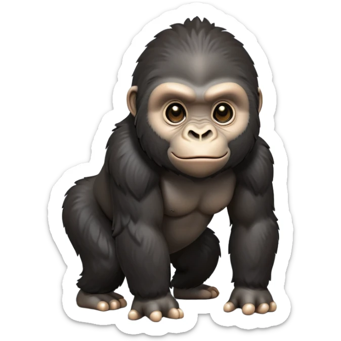 cinematic-cute gorilla-realistic-full-body-on all fours-emoji,-exuding-strength,-thick-dark-fur-in-the-light,-head-tilted-dramatically,-deep-dark-eyes-filled-with-intense-intelligence,-simplified-yet-realistic-focused-features,-highly-detailed,-glowing-with-an-almost-sarcastic-glow sticker