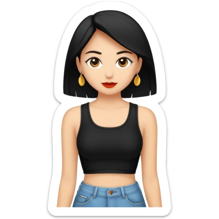 Siyah uzun saçlı siyah ceket  polar ceket ceket gevşek biraz omzundan çıkıyormuş gibi ve bugday ten rengi soltaraftaki omzundan çıkık sadece içinde de siyah crop var crop açık esmer sticker