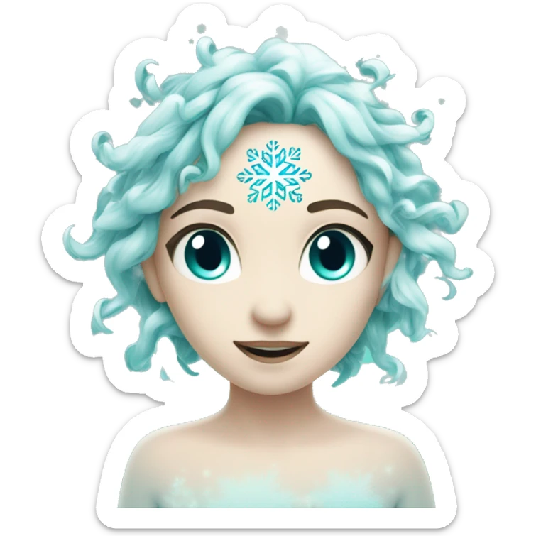 A delicate turquoise snowflake with white accents, glowing softly, floating in a wintery scene. sticker