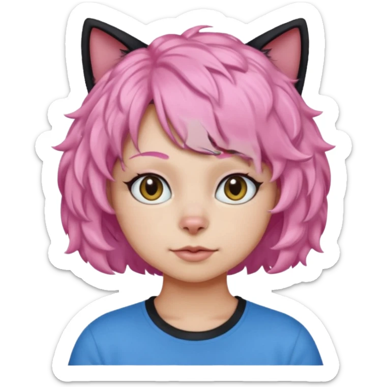 a Black cat wearing a short curly pink hair wig, blue T-shirt sticker