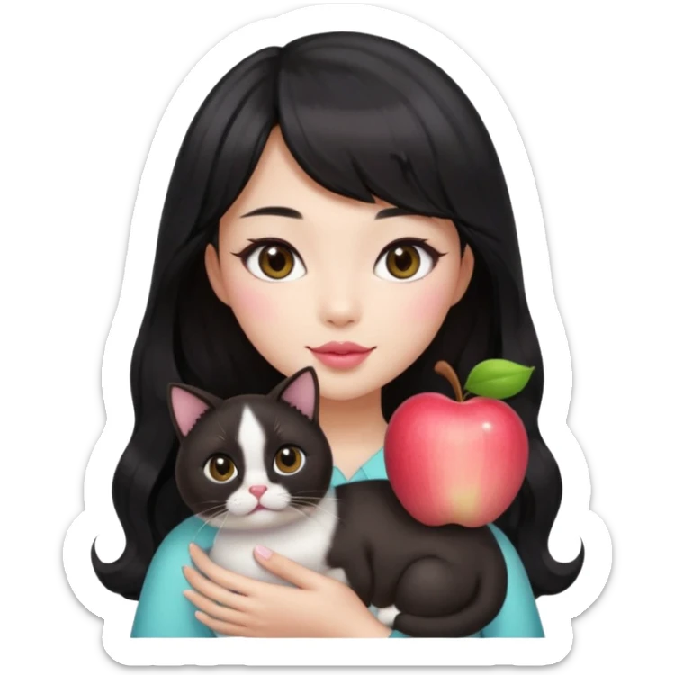 Asian woman with fair skin, black see-through bang front hair, long wavy hair to chest, round brown eyes, light pink blush, pink lips, holding a Siamese cat, Apple emoji style sticker