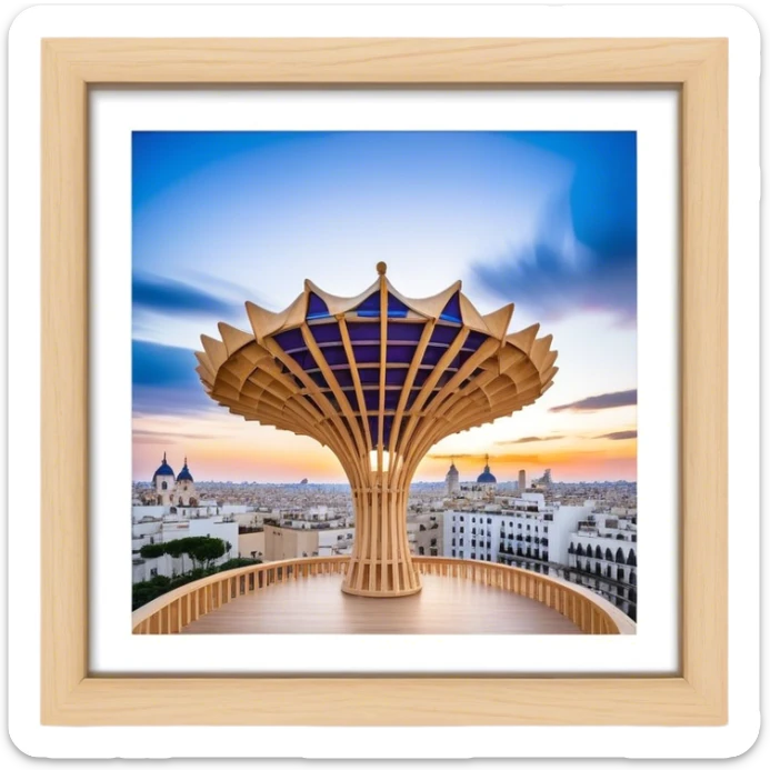 Cinematic Realistic Metropol Parasol Landmark Emoji, depicted with a modern wooden structure set against a vibrant cityscape rendered with detailed textures and dynamic, contemporary lighting. sticker