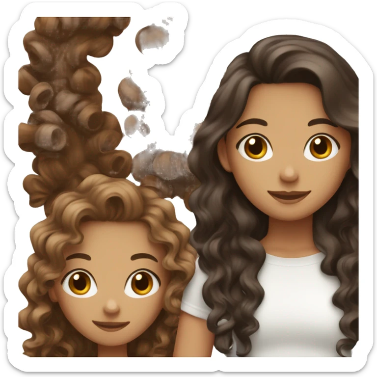 2 girls, one is black with brown long curly type 3c hair, and the other is white with long wavy brown hair sticker