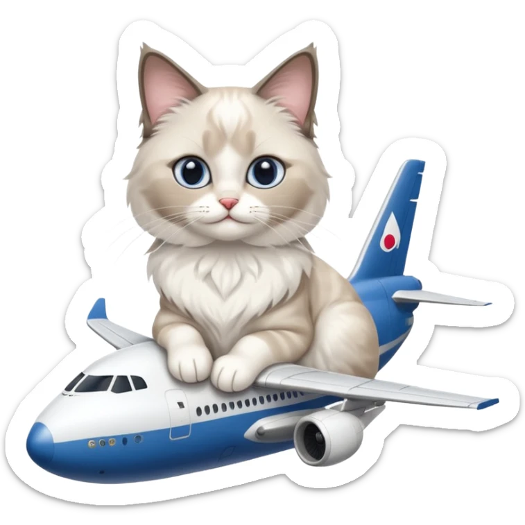 Cute ragdoll cat on an airplane. Should sit on top of the plane, cat is way bigger than airplane. Can you make the plane cooler like airbus a380 and the cat a bit happier? I liked the first and last pic out of these. Cat should be ragdoll with white and grey just like these sticker