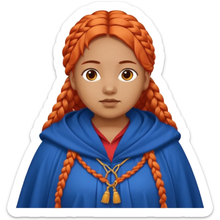red orange braids hair girl, tan skin, fat, wear blue cloak sticker