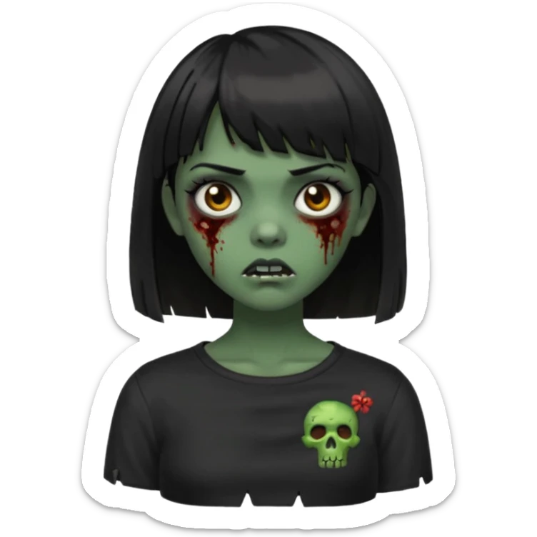 Zombie girl emoji verde escuro com cabelo curto liso preto no ombro e franja na altura da sobrancelha com uma blusa preta sticker