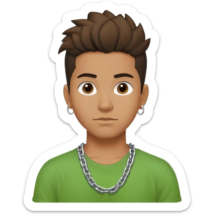 Young Latino male, hair up, with a simple chain and green T-shirt sticker