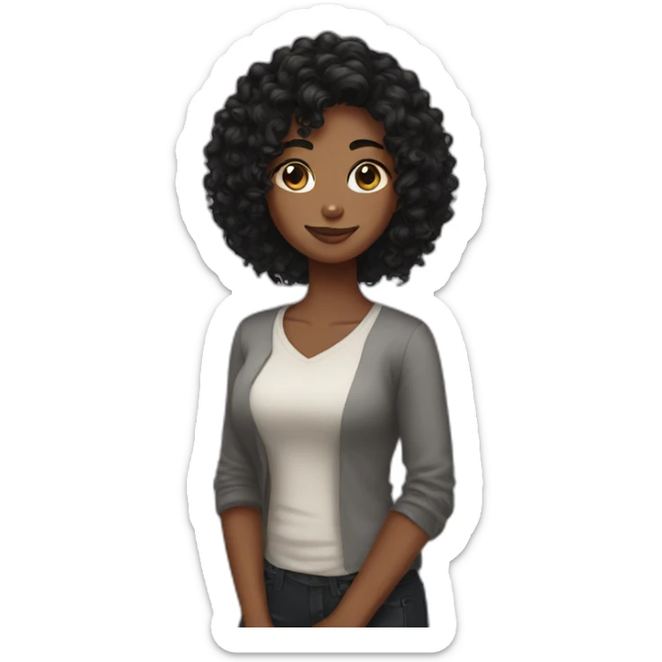 woman brown skin long black curly hair with black cat sticker