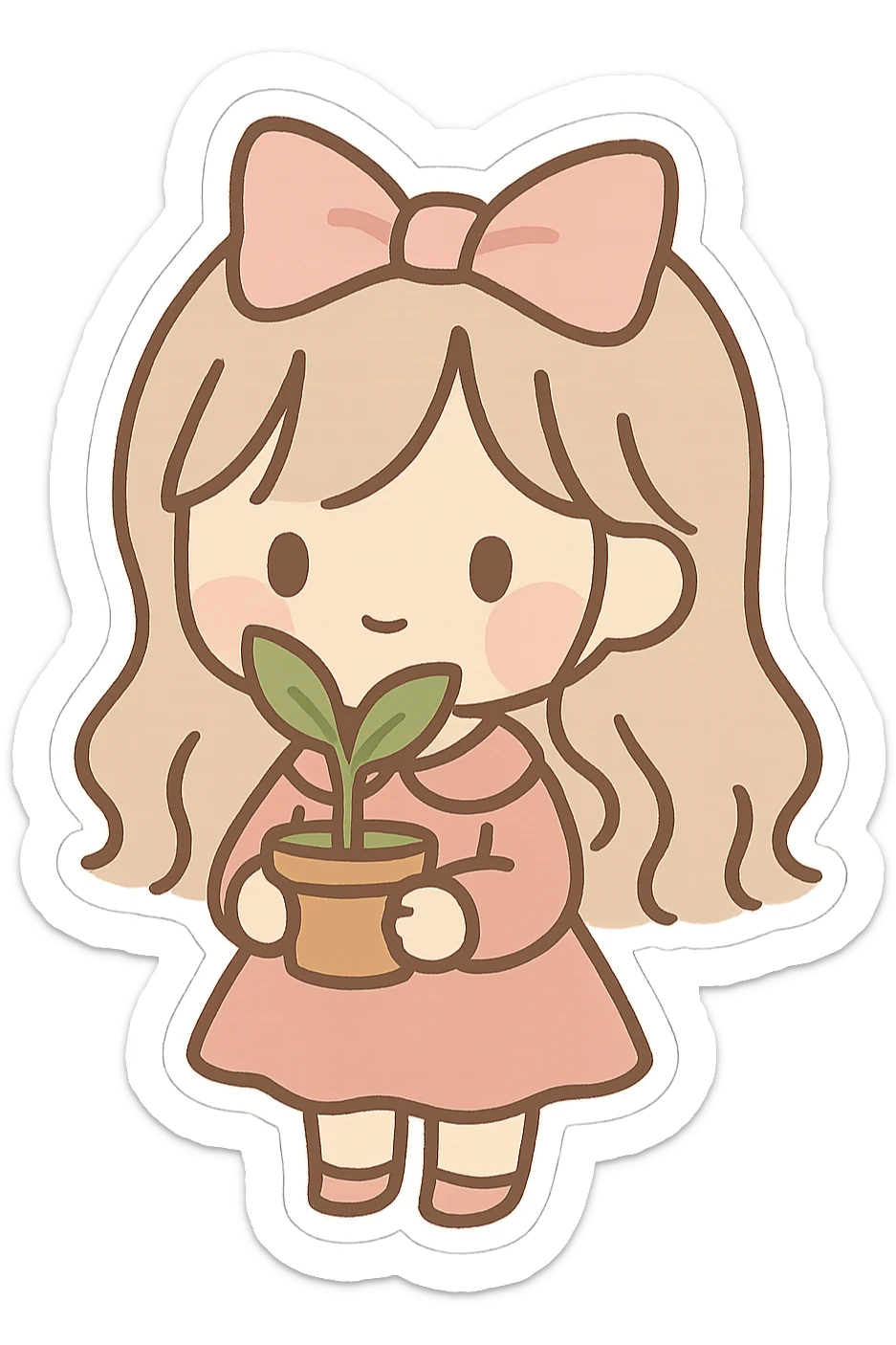 A cute and minimalist sticker of a girl holding a green plant, elegant and girly mood, color palette includes pink, beige, and green. sticker