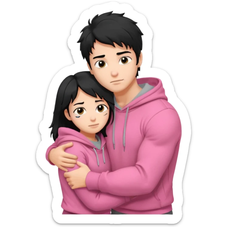 generate a pretty bratz fair skinned boy with messy black hair in a grey hoodie. Hugging his girlfriend who is wearing pink. Make him muscled sticker