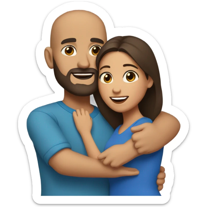 Comforting hug from brunette Puerto Rican with dark brown eyes wearing a cute blue top to short, bald man with brown eyes and a beard wearing a brown sweater sticker