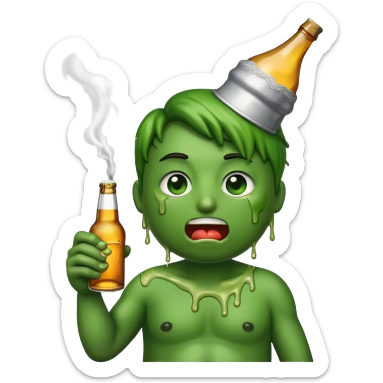 A puke emoji holding a lit cigarette in one hand and a beer bottle in the other sticker