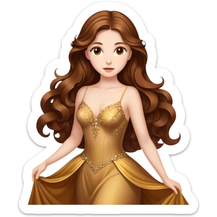 Cinematic Stunning Belle Portrait Emoji, Deep brown eyes full of curiosity, long chestnut hair flowing in soft waves, wearing her golden ballroom gown, glowing with warmth and elegance, a princess whose beauty is as radiant as her mind! sticker