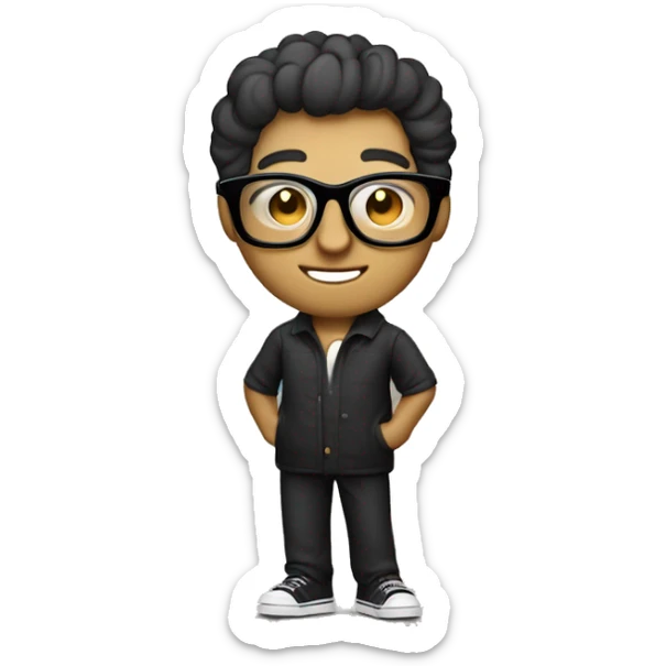 "Design a 'Cinephile' emoji featuring a cool character with film reel eyes, wearing stylish black glasses. Add a small clapperboard and popcorn bucket in the background, capturing the essence of movie lovers with a sleek and cinematic vibe." sticker