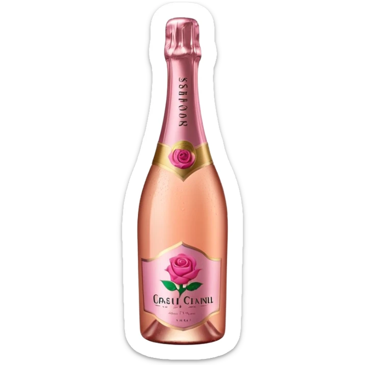 bottle of sparkling rosé champagne with a rose logo on the label, tilted up and to the right, no glass sticker