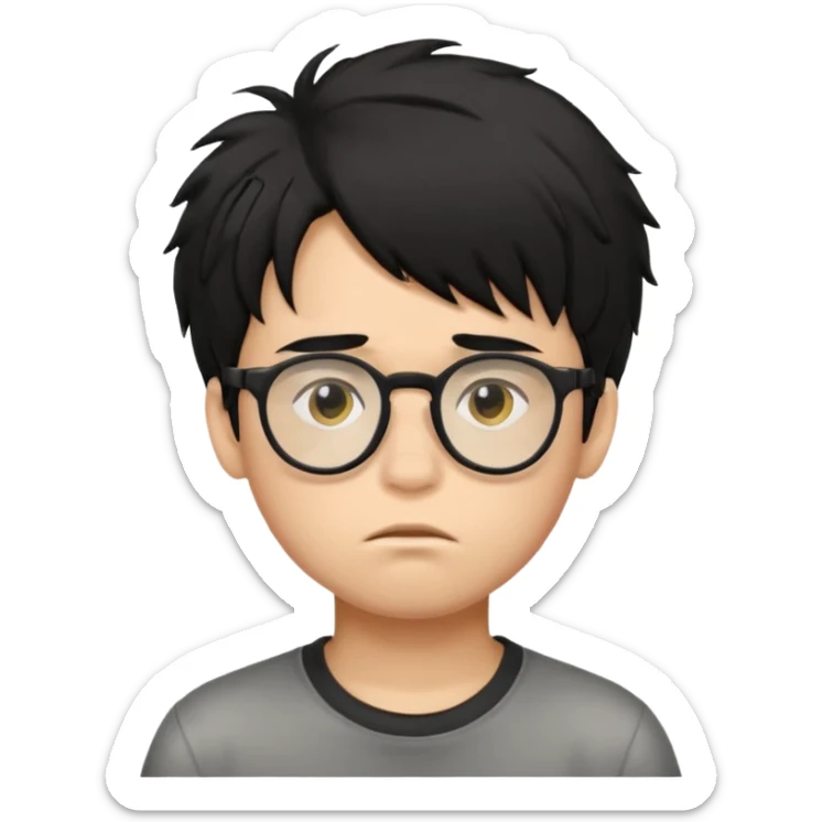 
young boy, 18 years old, messy black hair, glasses, sad face emoji sticker