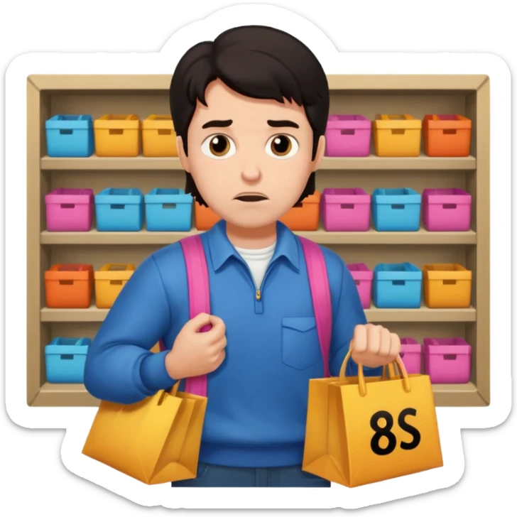 a man in 80s clothes, no mask, escaping a shop with loot, worried face, cartoon style, dark hair sticker