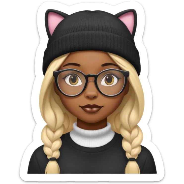black skin, Blonde girl wearing cat  glasses and beanie, long hair sticker