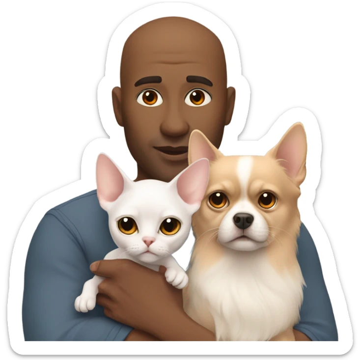 White, bald man is holding a grey, small sphinx cat and woman with dark, straight hair is holding orange, fluffy Pomeranian dog sticker