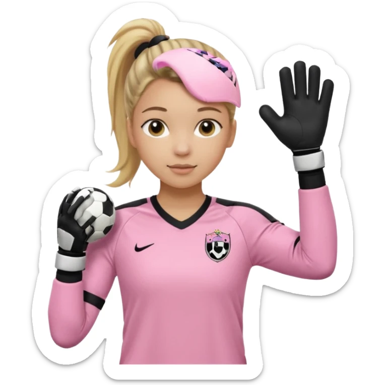 Make a dirty blonde football goalkeeper with goalkeeper gloves on. The girl is light skinned and wearing a light pink football kit. Wearing one ponytail on back of head. Make it without the whole body. With full sleeves. No RUGBY BALL JUST BLACK AND WHITE BALL. Holding ball under armpit sticker