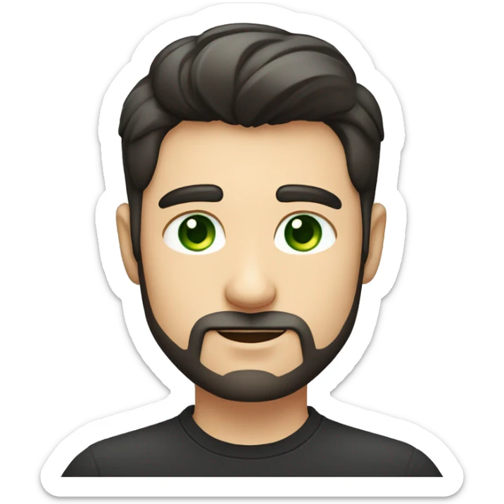 Handsome man with dark hair, gradient short hair on the side, green eyes. Talking and thin face. Black t-shirt. A little beard. sticker