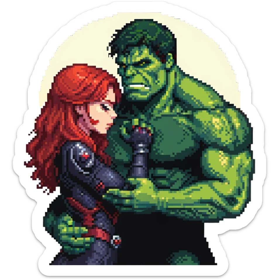 Hulk and Black Widow lullaby scene, Black Widow with red hair calming down the green Hulk, sun's getting real low gesture, Hulk transforming back sticker