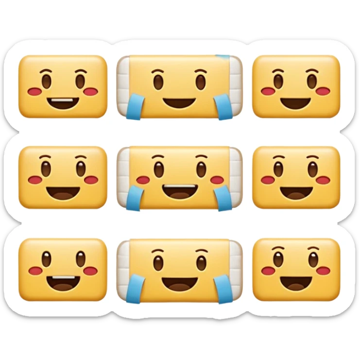 16 different variations of a band aid as and emoji with smiling with teeth, smiling without teeth, crying laughing or sad, mad, sad, tired, censored, funny, glasses, love, serious, with a hat, sticking out tounge, sleeping, injured, and angel Formatted in rows of 4x4 and with a white background sticker