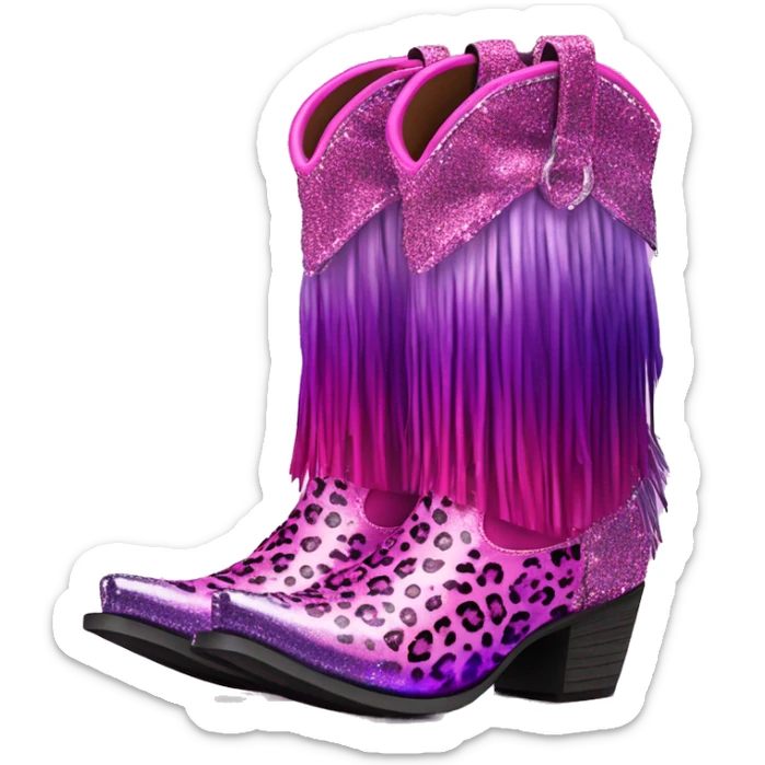 Realistic hot pink to purple ombre leopard print pair of fashion cowgirl boots with sparkly shiny glitter fringe on them. sticker